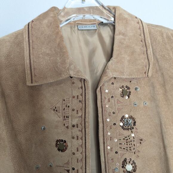 Chico's Vintage Tan Suede Long Sleeve Open Front Jacket Embroidered Sequins - Picture 4 of 11